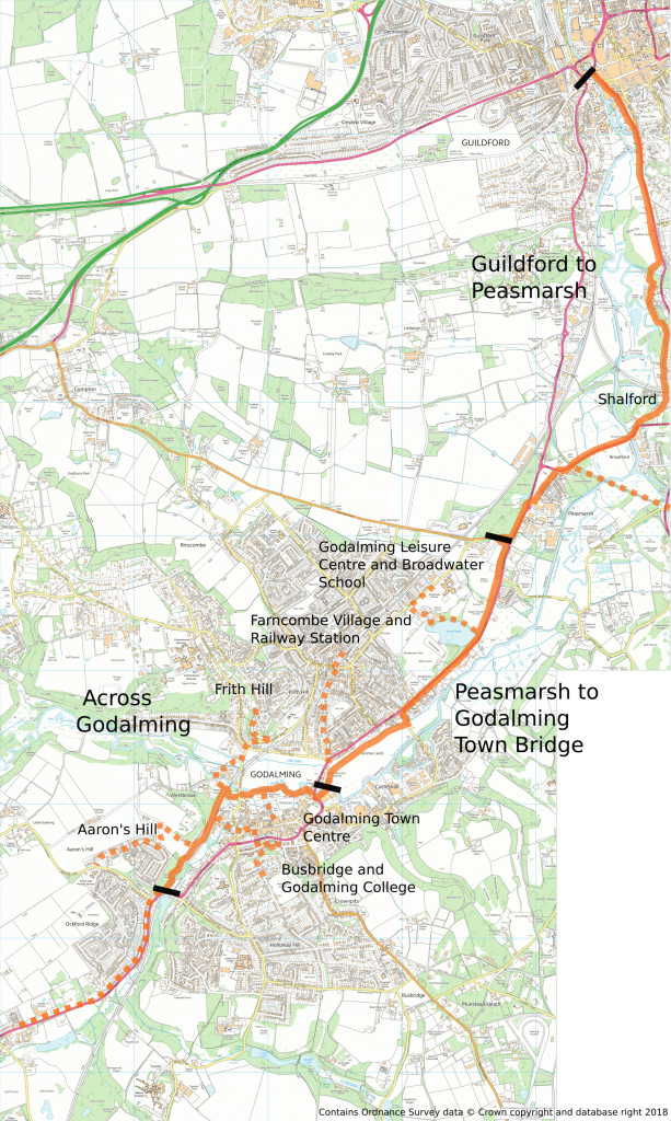 Map showing route between Guildford and Godalming