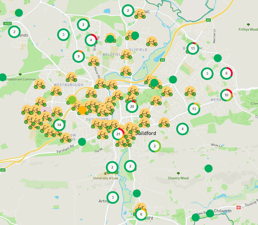 Map of Guildford showing proposed and requested e-bike docking station locations